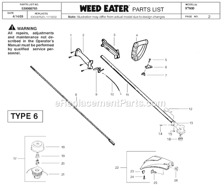 Page B Diagram and Parts List for XT600 Type 6 Weed Eater Trimmer